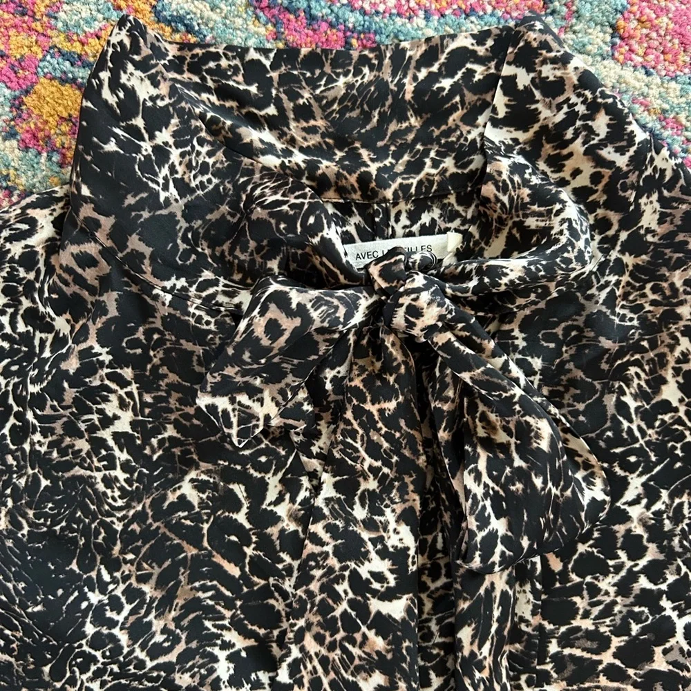 Avec Les Filles | Women’s Black/Tan Long-Sleeve Leopard Print Shirt Dress Size M